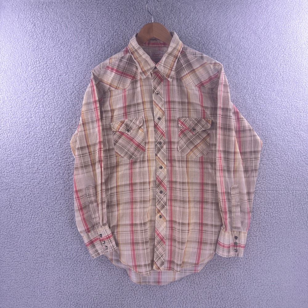 Vintage Wrangler Mens Plaid Western Pearl Snap Shirt Tan Red Yellow USA Made